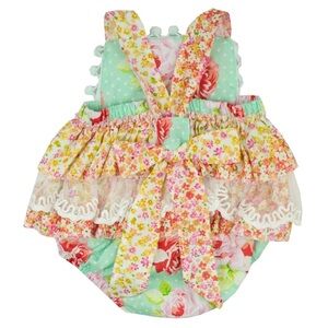 Haute Baby bubble romper garden isle patchwork boho lace ruffles sunsuit baby
